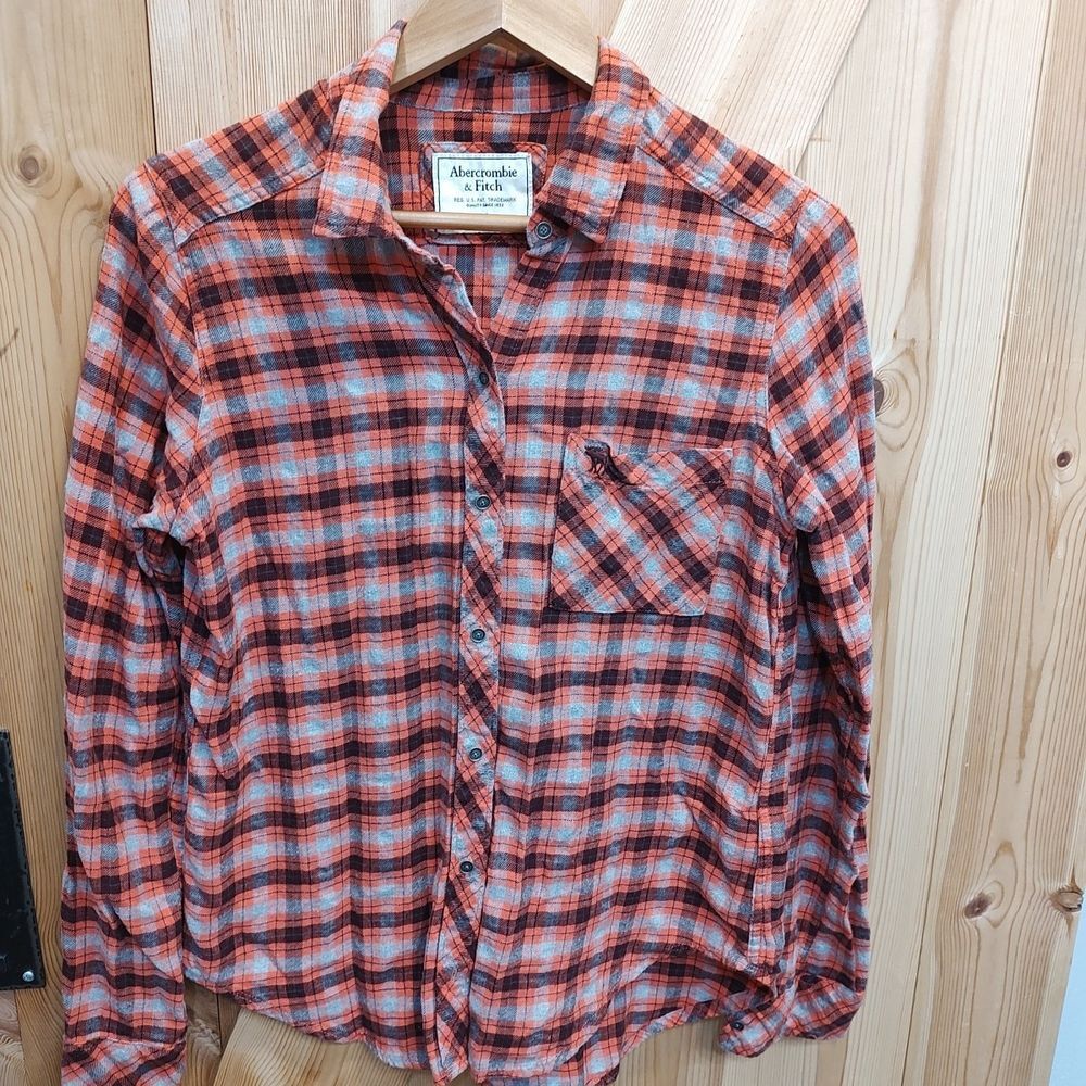 Abercrombie & Fitch Flannel Sz‎ M Shirt Peach Brown Gray Button Up Long Sleeve